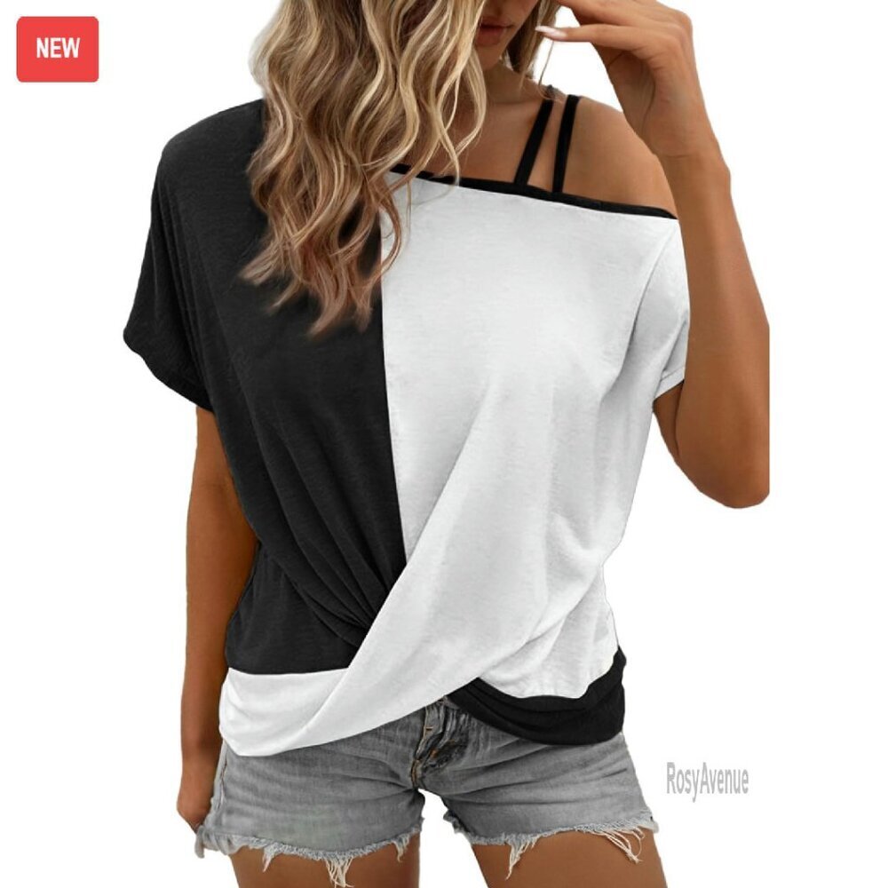 Twist Knot Cold Shoulder T-Shirt Loose Fit Batwing Sleeve Women's Top